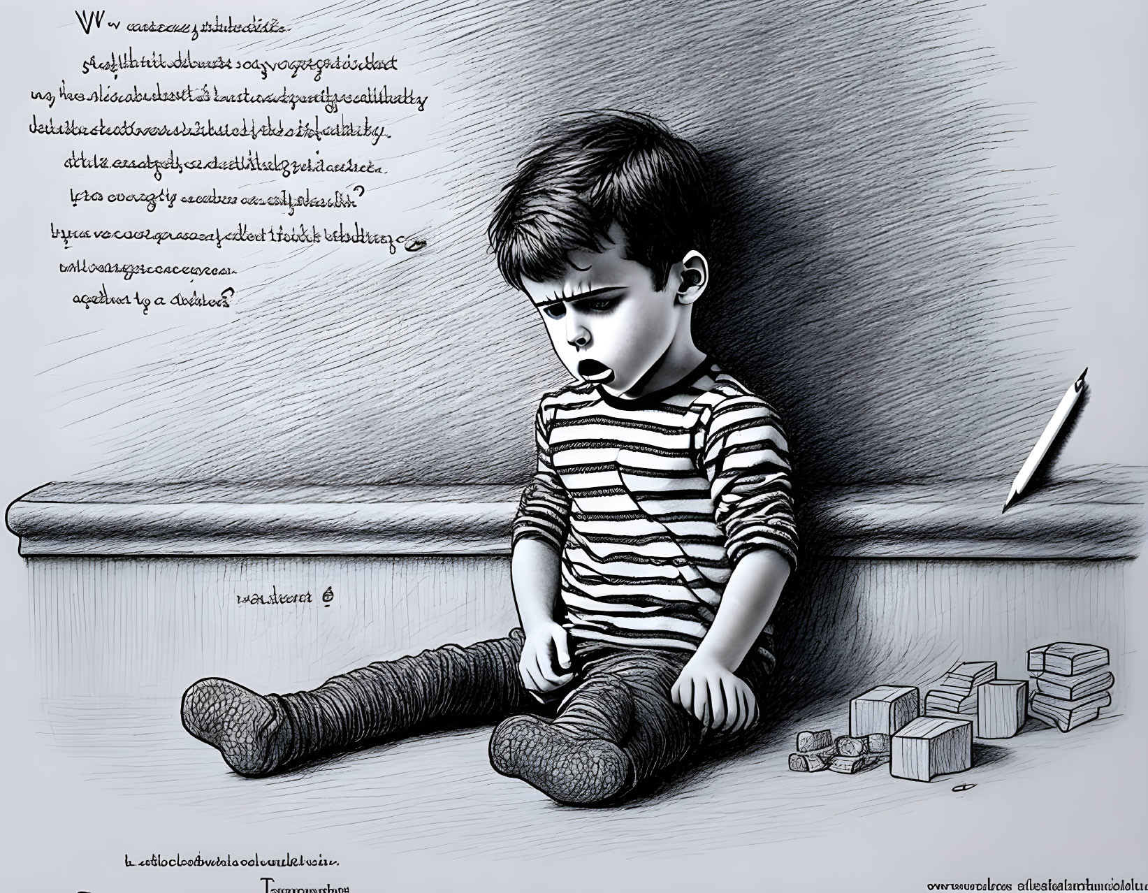 Monochrome illustration of a sad boy with scattered alphabet blocks.