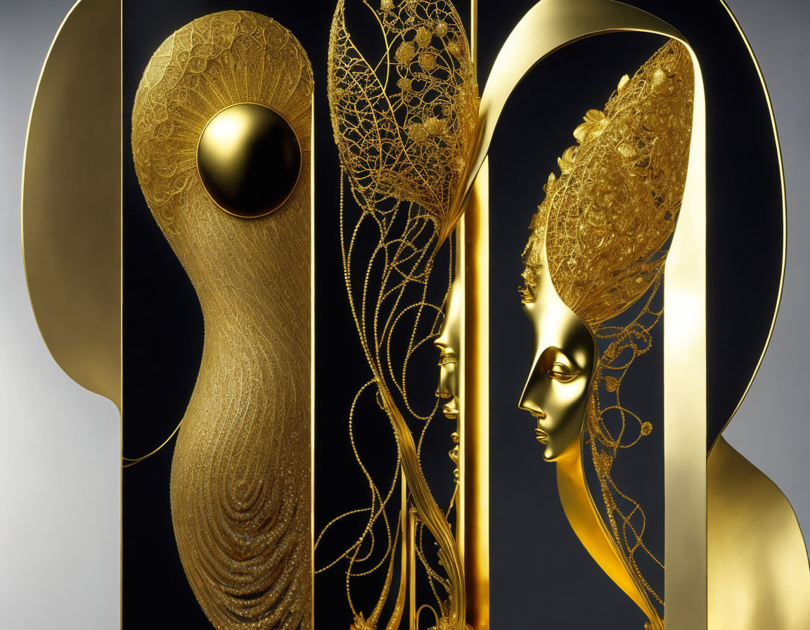 Golden stylized face profiles with intricate designs on black background