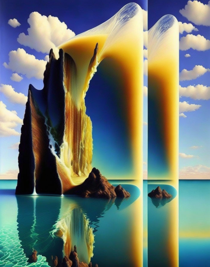 Surreal artwork: towering cliffs, waterfalls, tranquil sea, cloud-filled sky