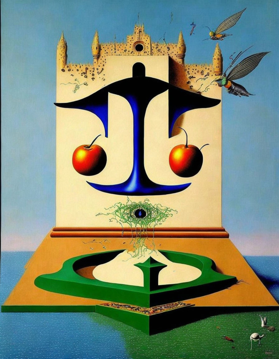 Surrealist painting: Anchor-shaped castle, floating apples, winged insects, melting clock, eye