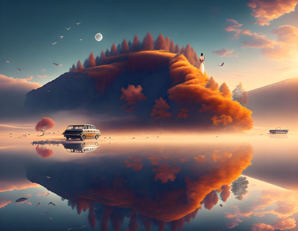 Vintage cars and autumn trees in serene landscape with birds and reflection.