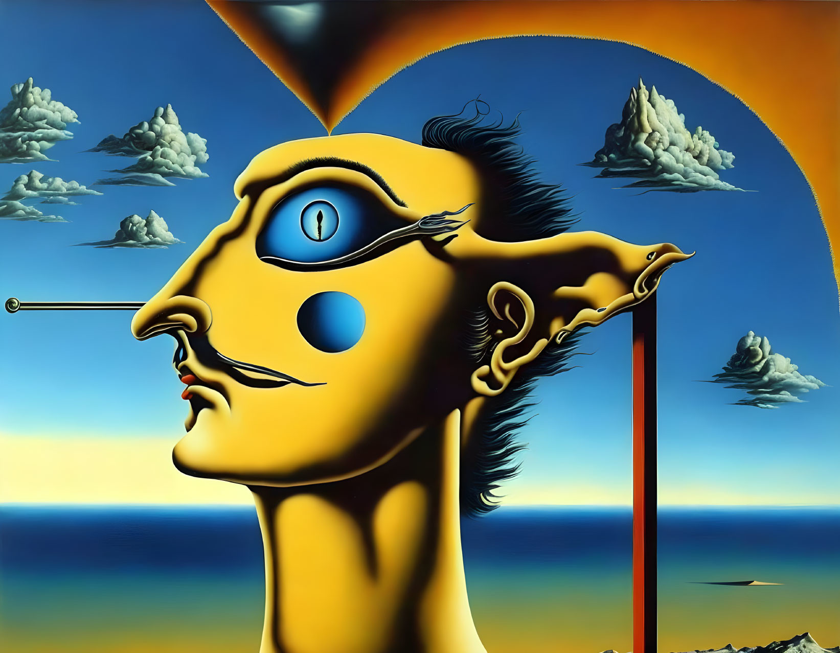 Surrealist painting of profile face with eye on forehead, clouds, and seaside scene