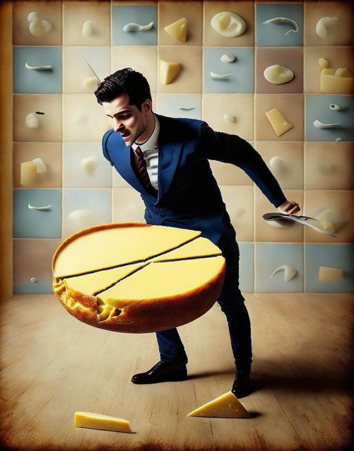 Man in Blue Suit Plays Cheese Guitar Surrounded by Cheese Varieties