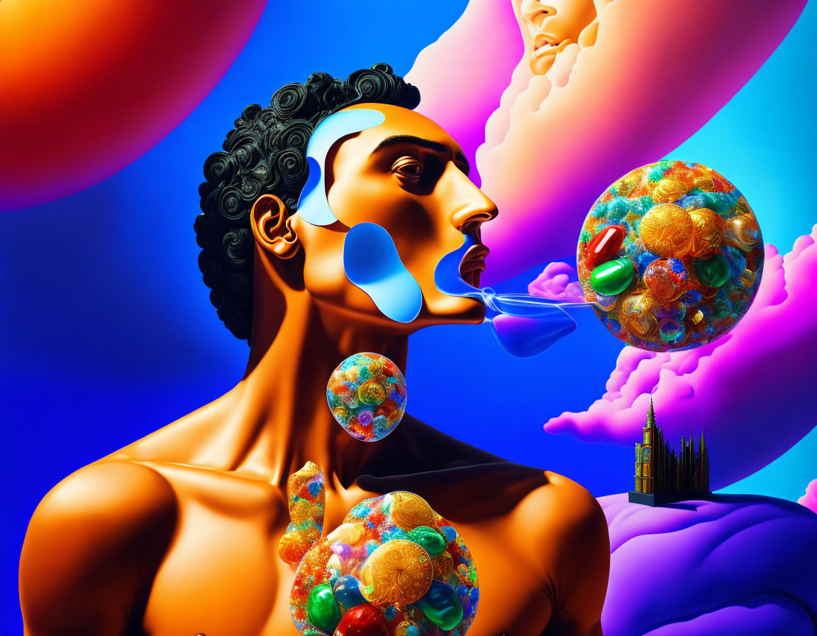 Colorful surreal portrait with figure blowing bubbles in vibrant digital artwork