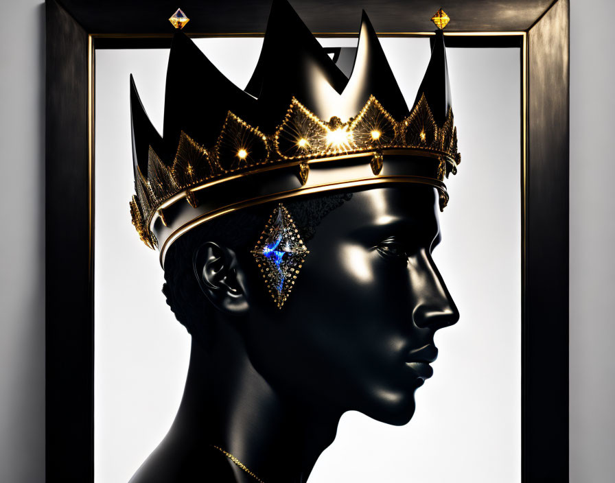 Glossy Black Mannequin Head with Golden Crown and Gems on Beige Background