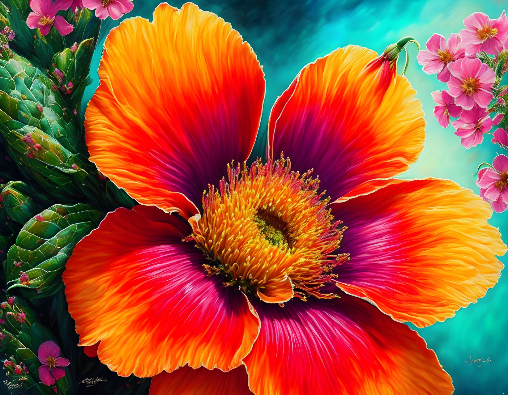 Colorful digital artwork featuring orange and red flower with golden center on teal backdrop