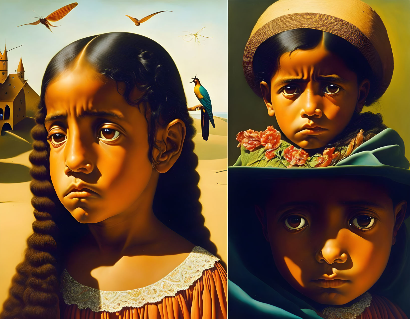 Children portraits in orange and blue with surreal elements in stylized landscape