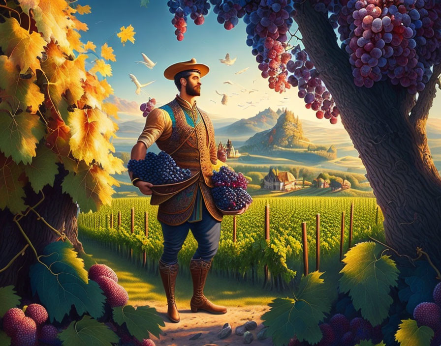 Renaissance man with grapes in lush vineyard landscape