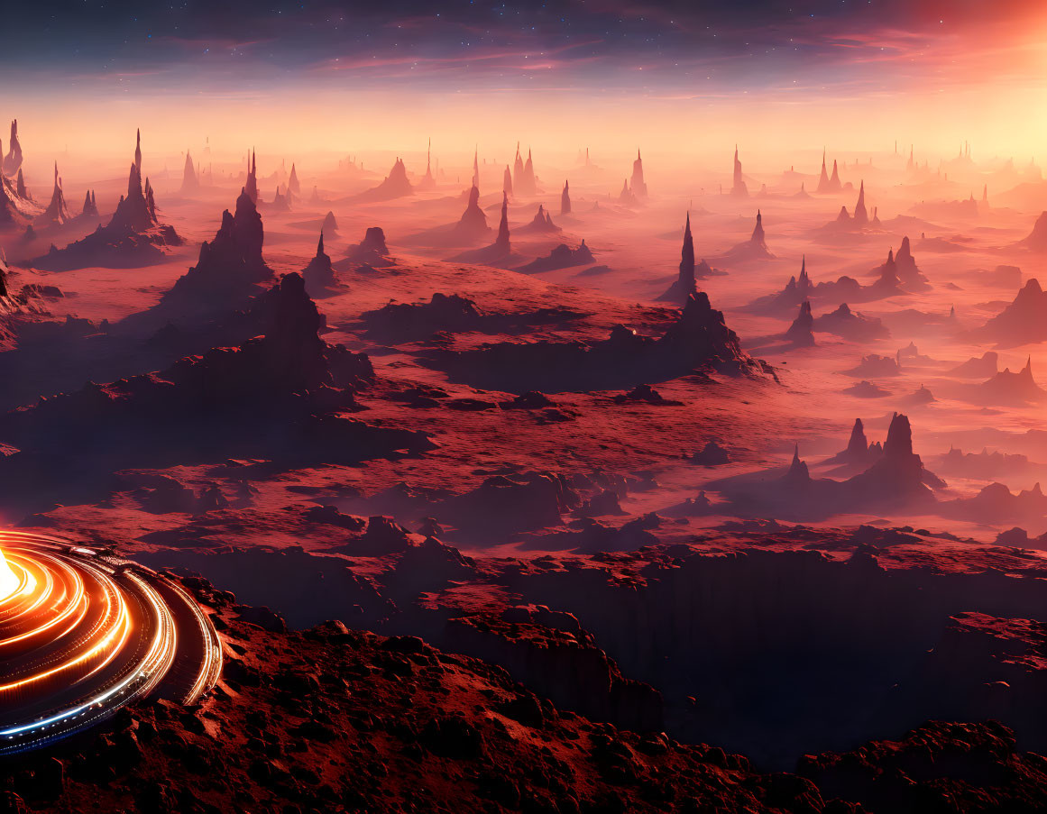 Futuristic red alien landscape with mist and luminous ring structure