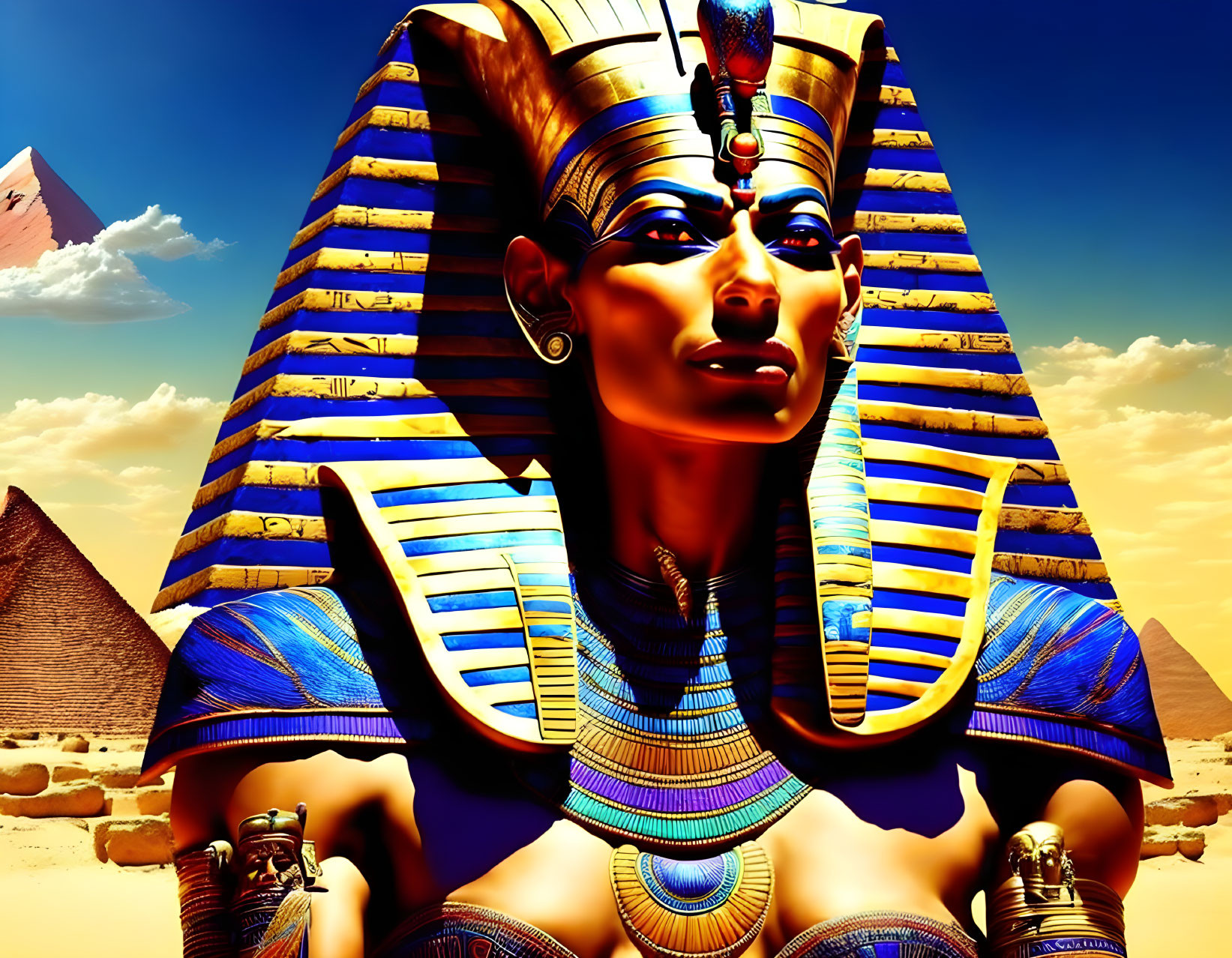 Colorful digital artwork of Egyptian pharaoh by pyramids