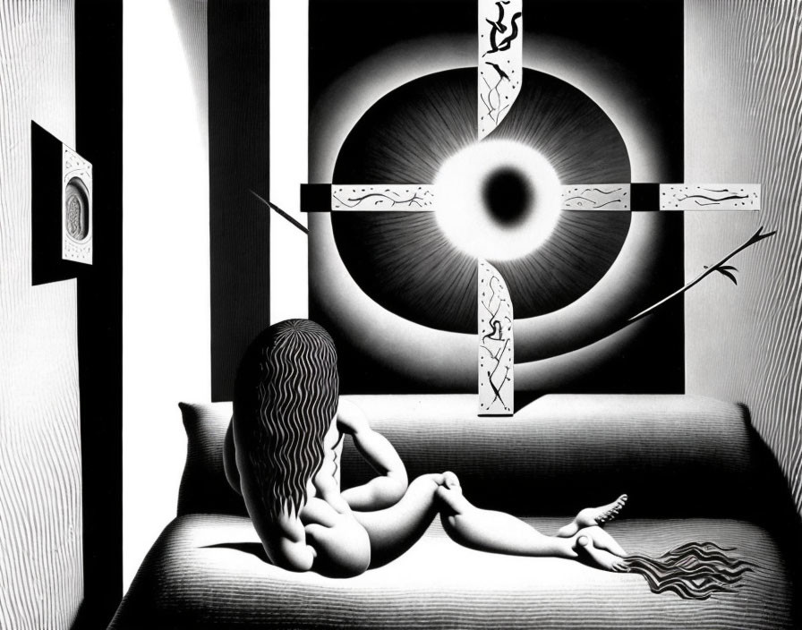 Monochrome surreal artwork: person on bench, gazing at circular pattern with cross, striped walls