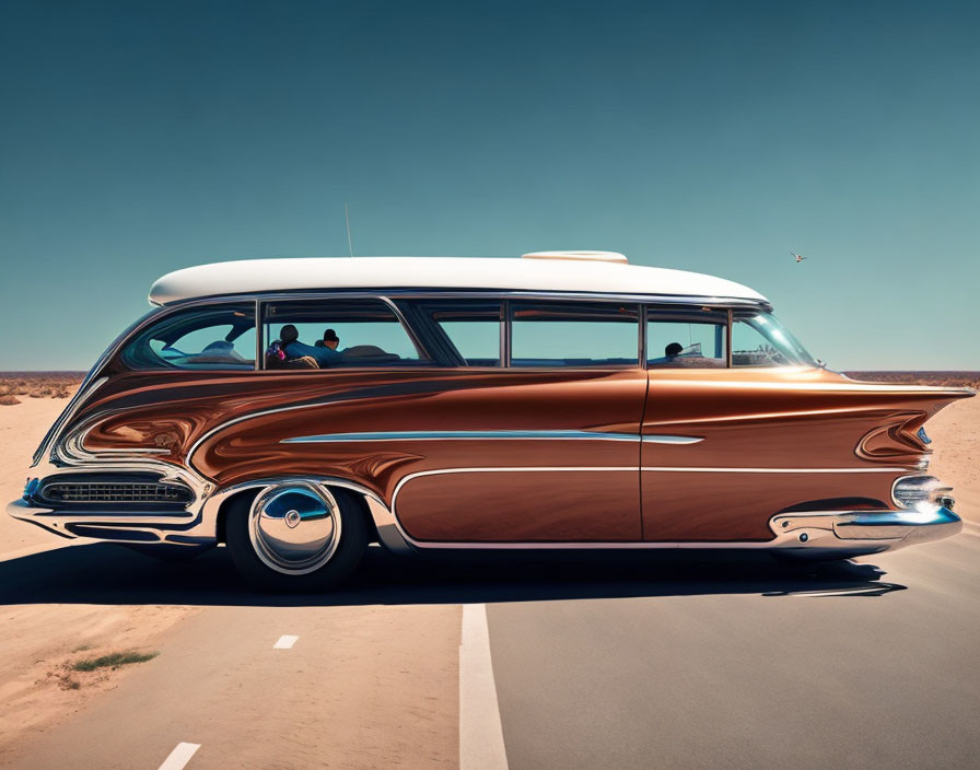 Vintage Custom Brown and White Car with Chrome Details on Desert Road