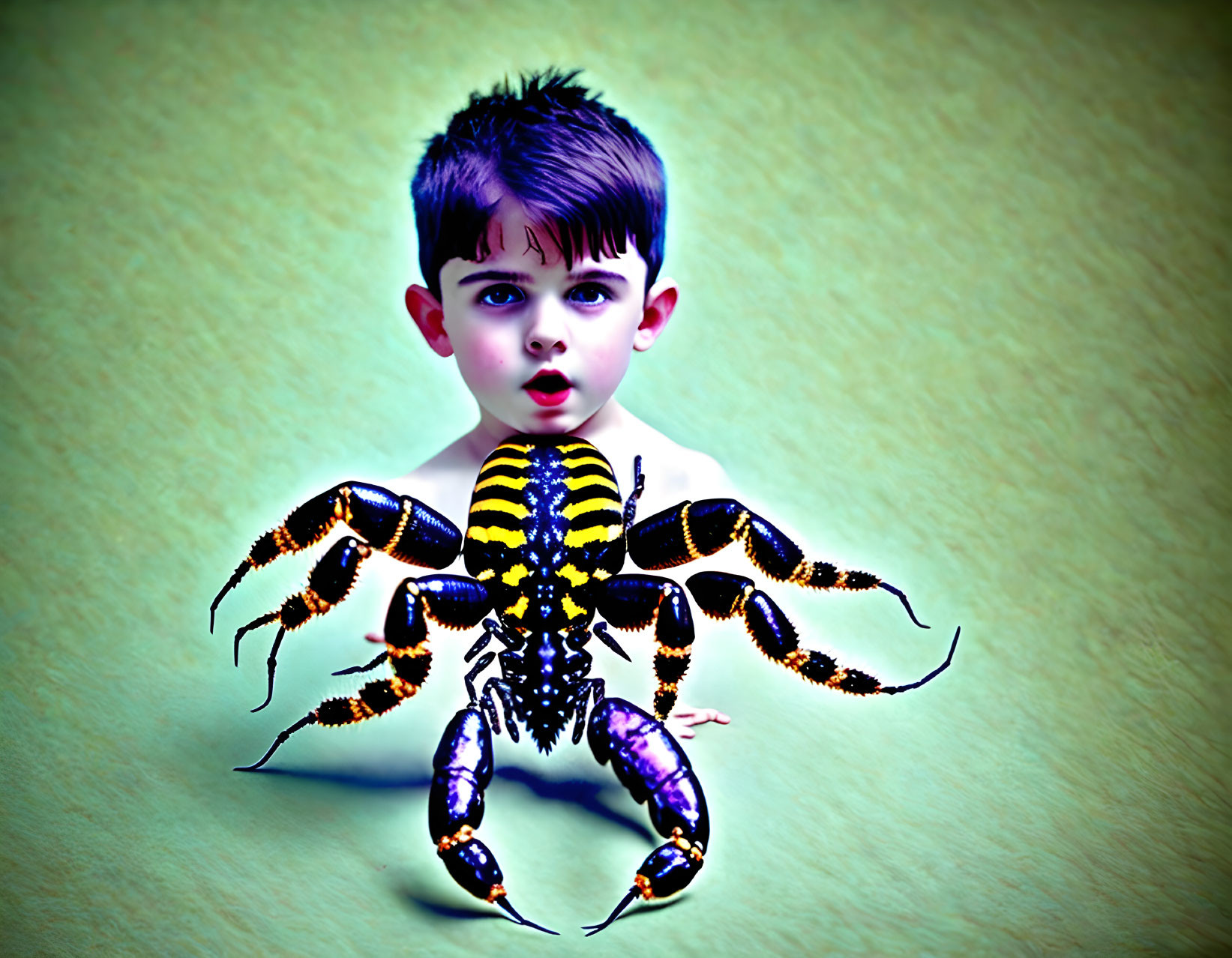 Surreal creature with spider body and boy head on greenish-yellow background