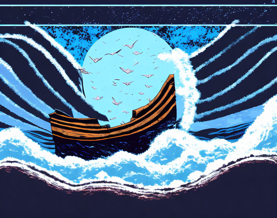 Stylized illustration of boat on tumultuous waves under full moon