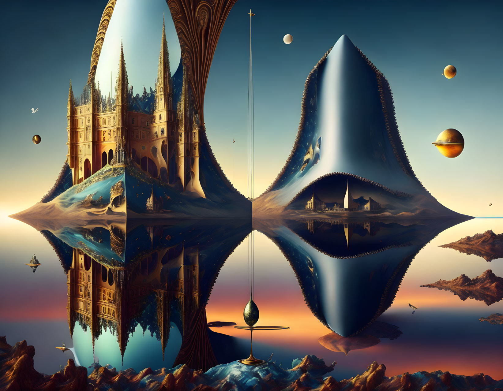 Surreal landscape with mirrored gothic structure and floating celestial objects at dusk