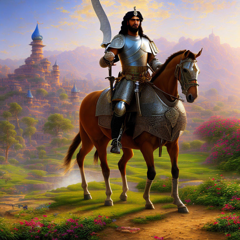 Medieval knight on horseback with castle in lush landscape