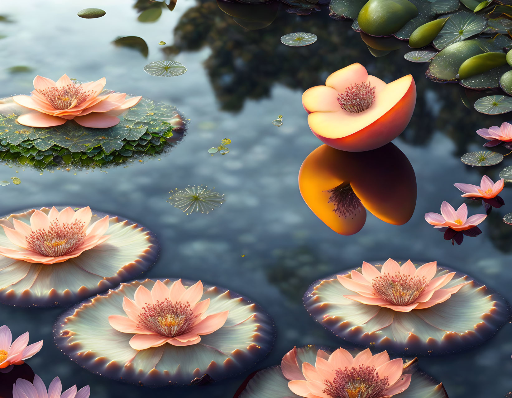 Tranquil Pond with Pink and Orange Lotus Flowers