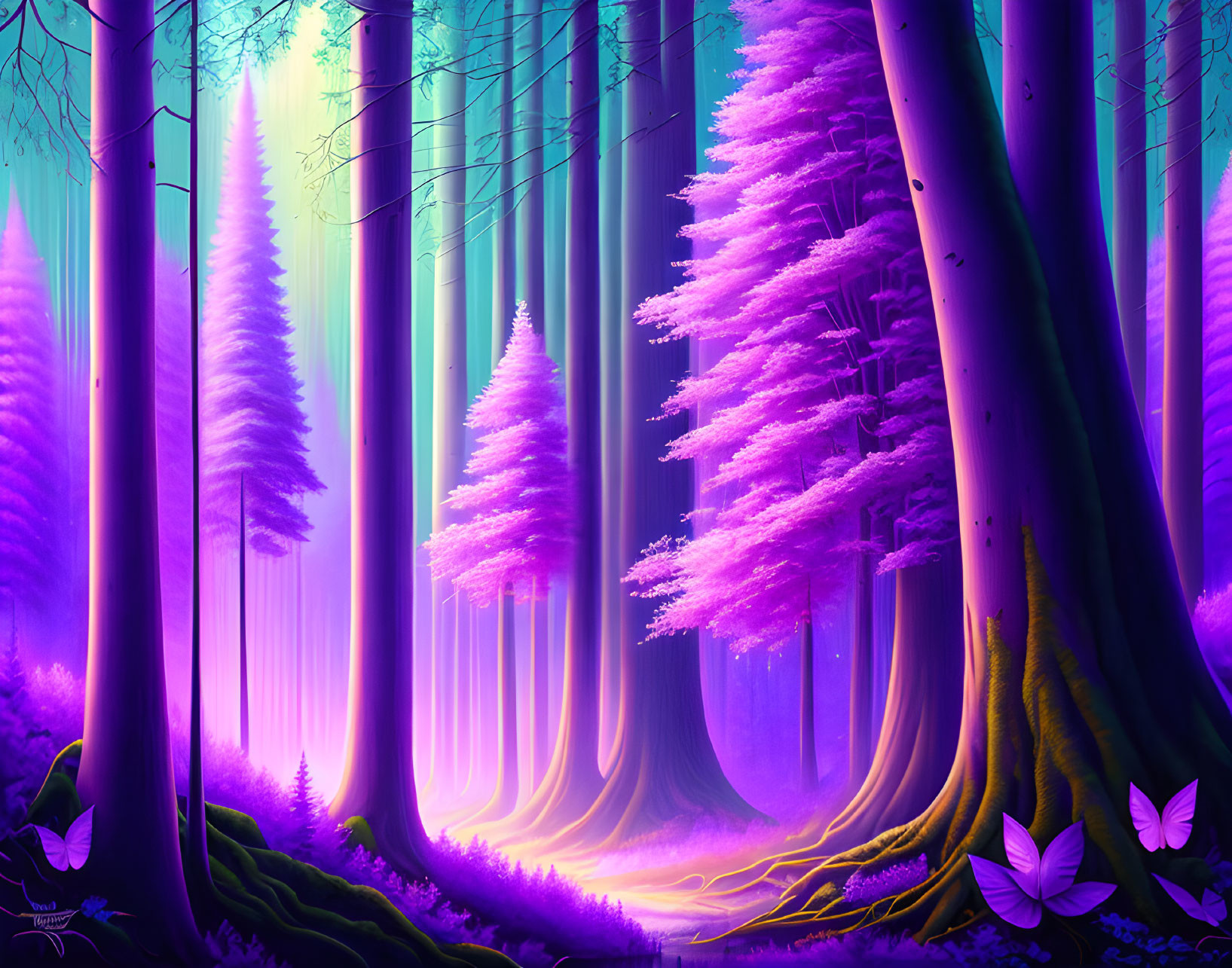 Whimsical forest digital artwork with glowing trees and purple foliage