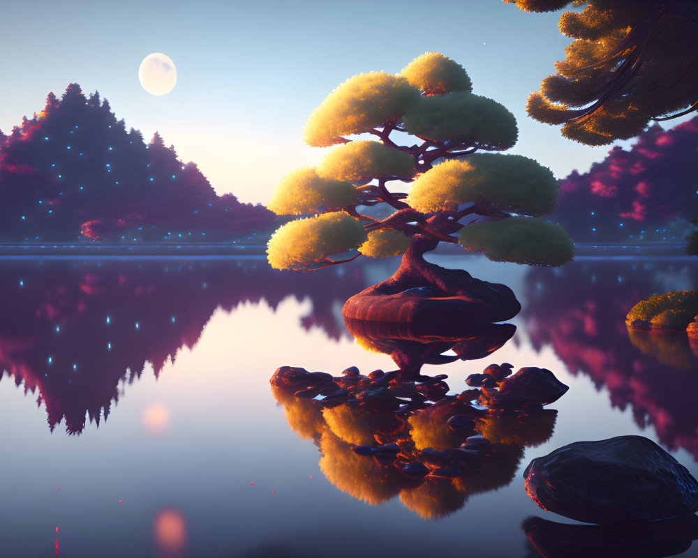 Tranquil landscape with Bonsai tree on lake, moonlit twilight sky