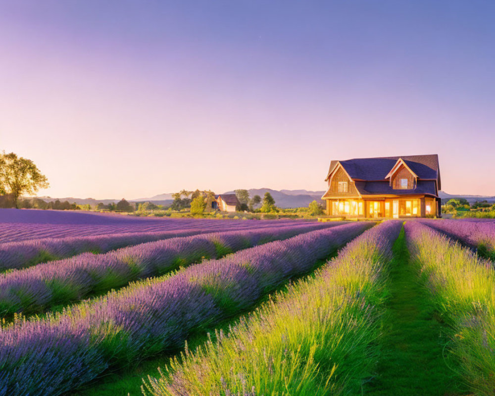 Rural farmhouse in lavender fields at sunset