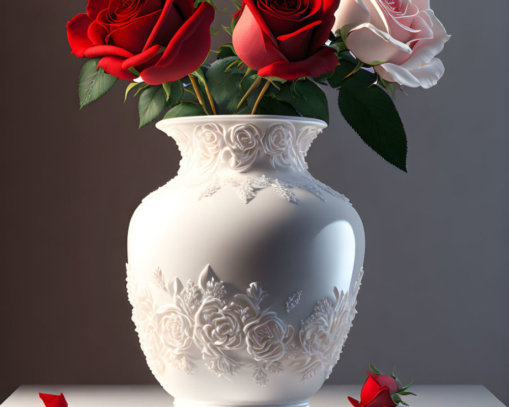 Floral embossed white vase with red and white roses bouquet