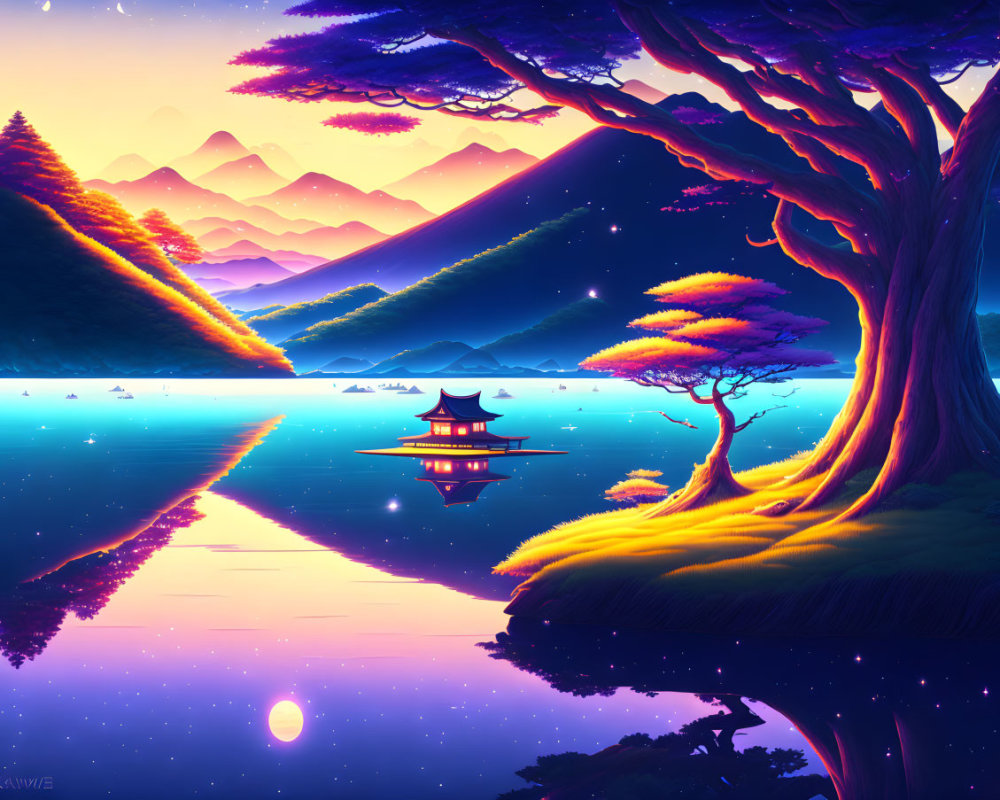 Vibrant landscape with starry sky, purple mountains, reflective lake, pavilion, glowing tree