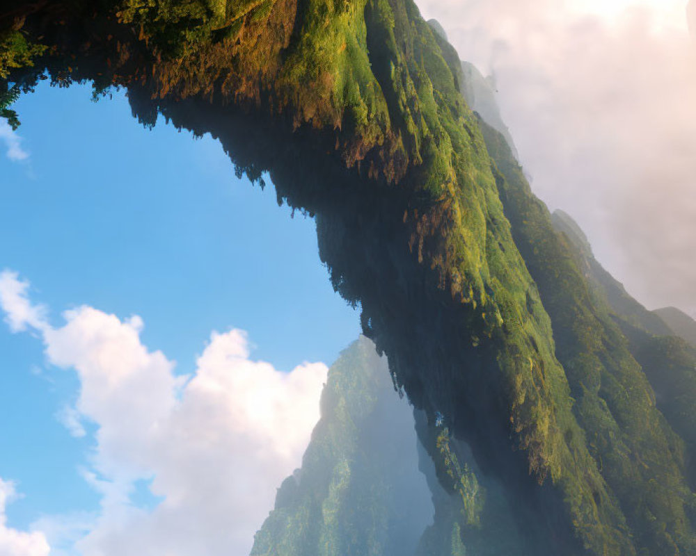 Moss-Covered Rocky Arch Overlooking Tropical Landscape