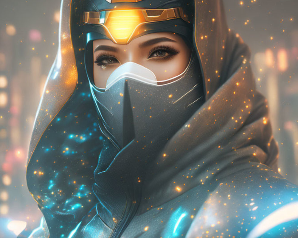 Futuristic portrait of person in hijab with tech visor in golden light.