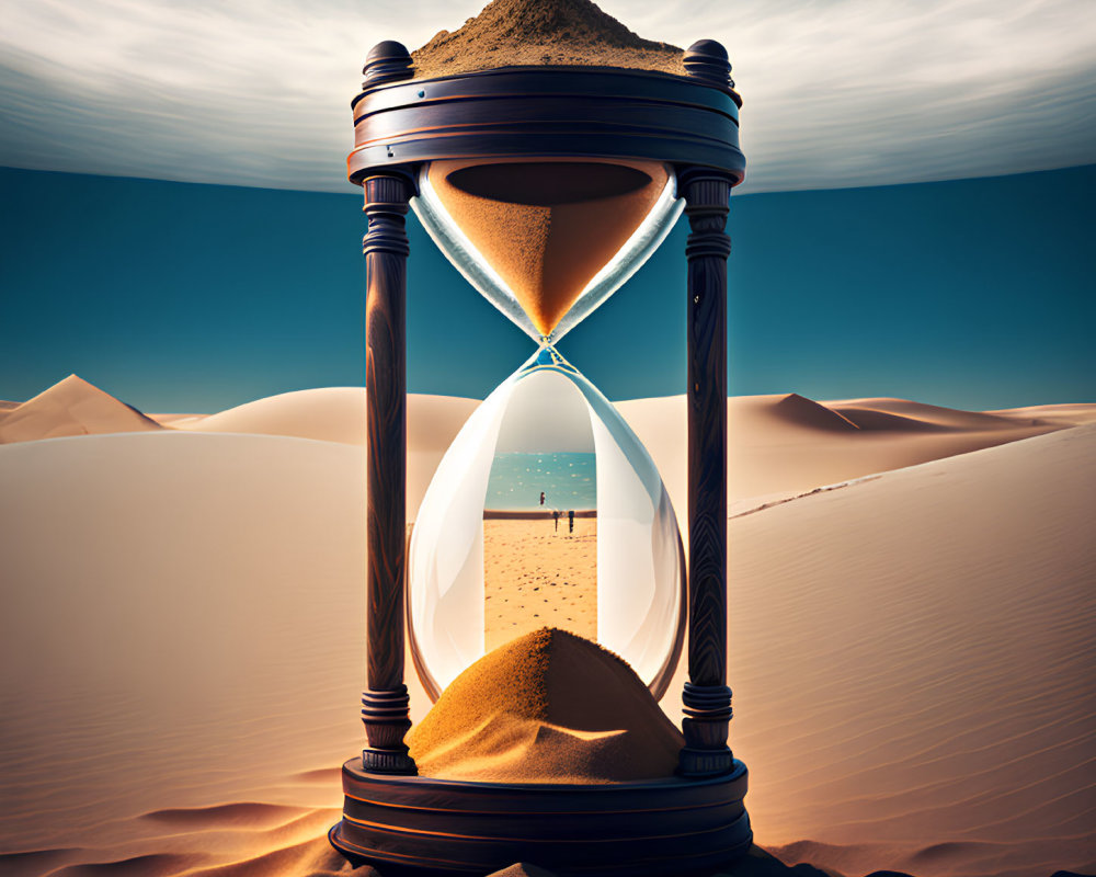 Hourglass in Desert: Sand Flows, Reality Meets Surreal Beach Scene