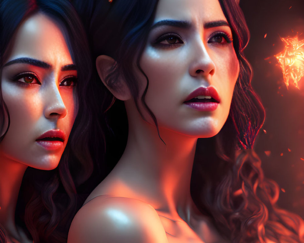 Fantasy-themed artwork of two horned women in fiery setting