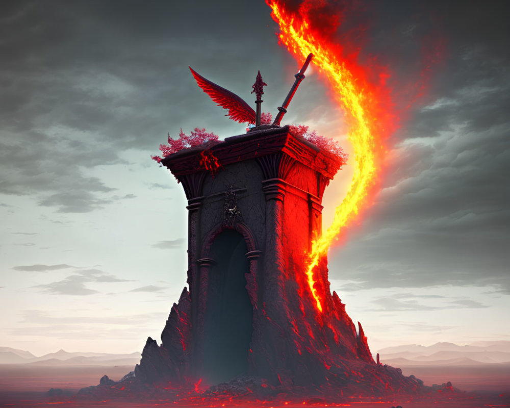 Fantastical tower with sword, swirling lava stream, dusky sky