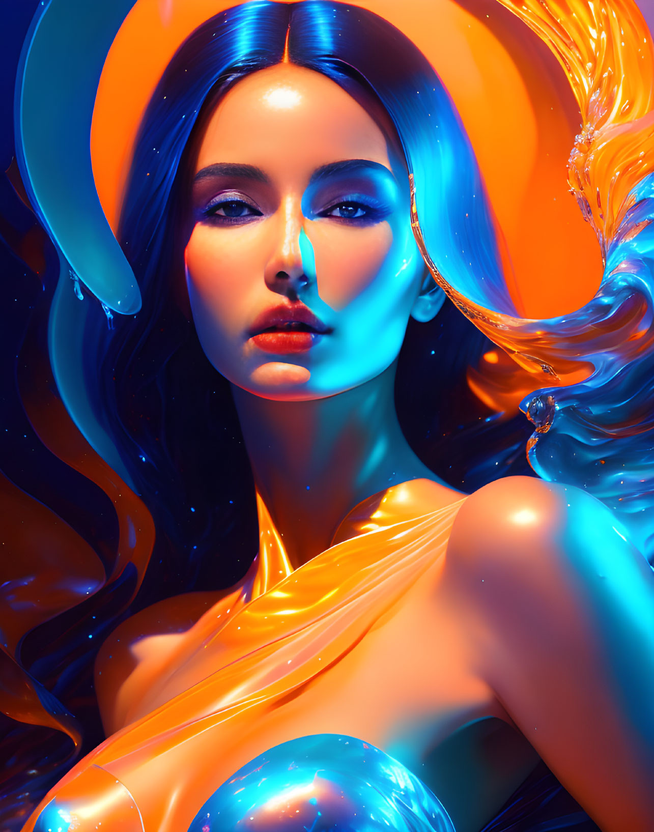 Vibrant digital artwork: woman with blue and orange hair under neon lights