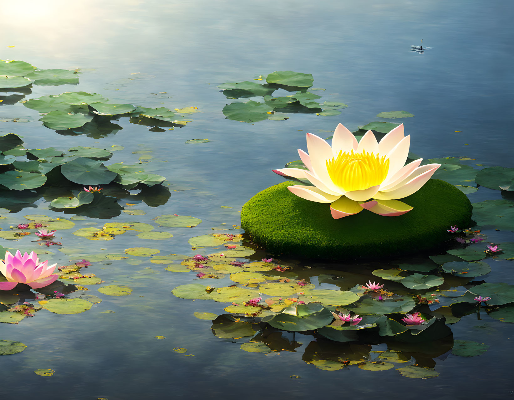 Tranquil water scene with vibrant lotus flower and lily pads