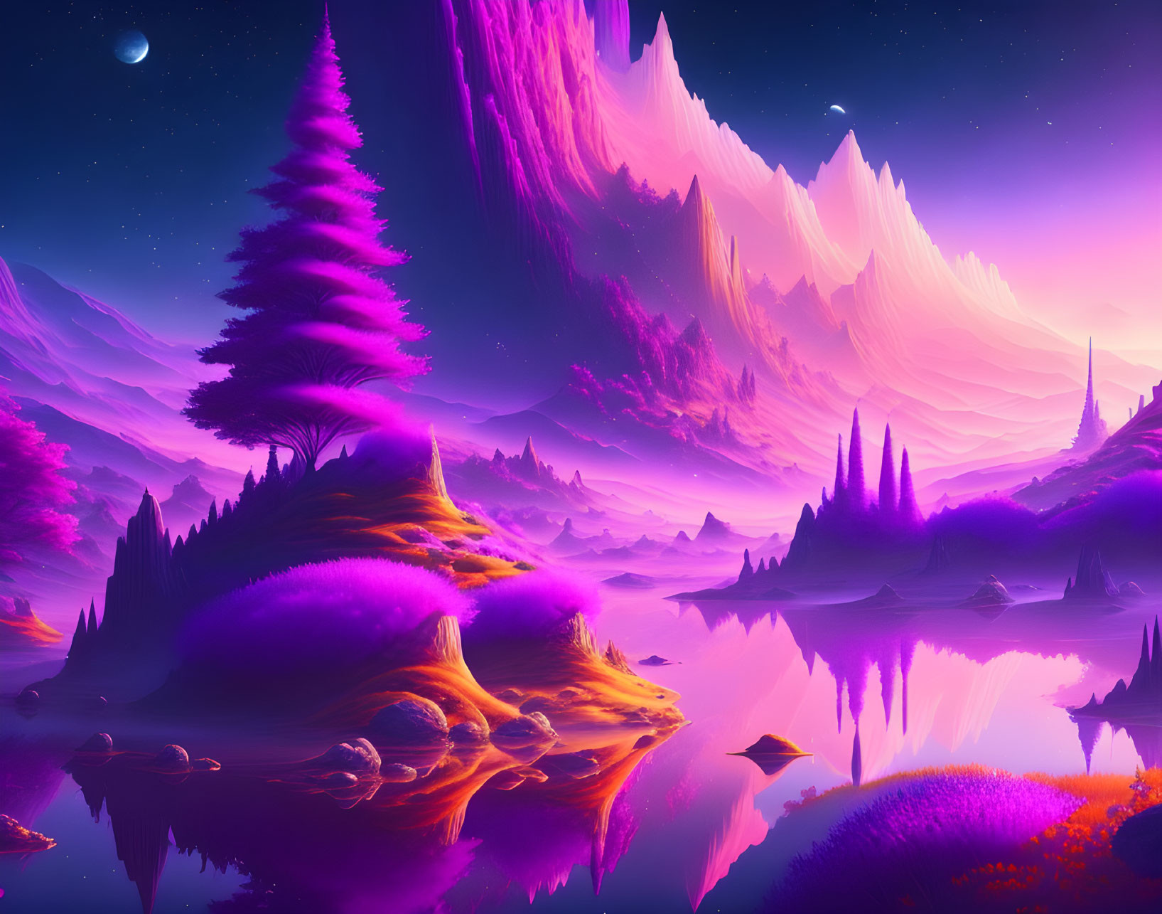 Fantasy landscape with purple mountains, reflective lake, luminous flora, starry sky.