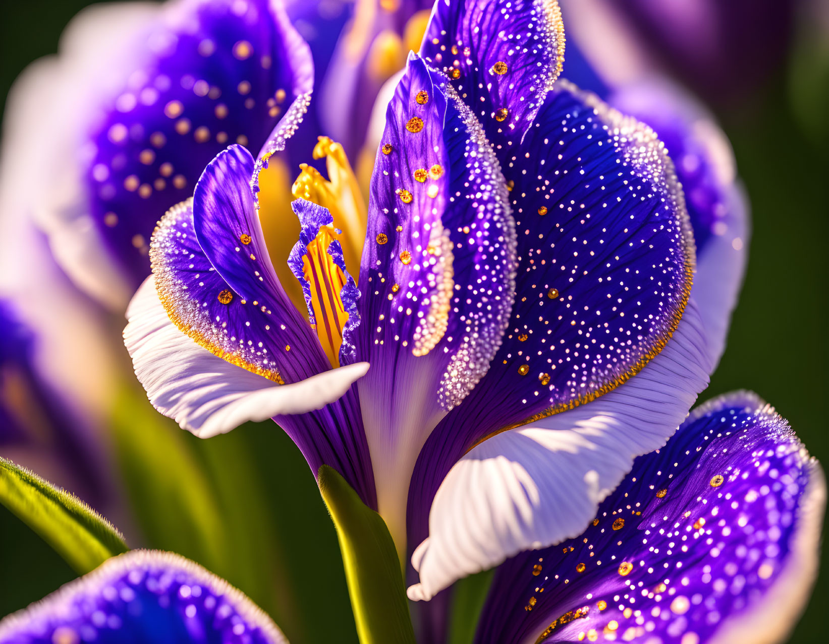 Detailed Close-Up of Purple Iris with White Patterns and Dew Drops