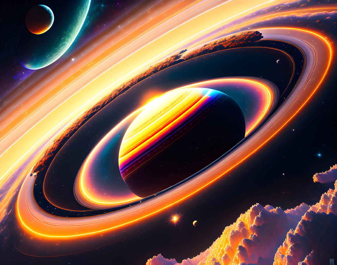 Colorful surreal space scene with ringed planet and nebulae