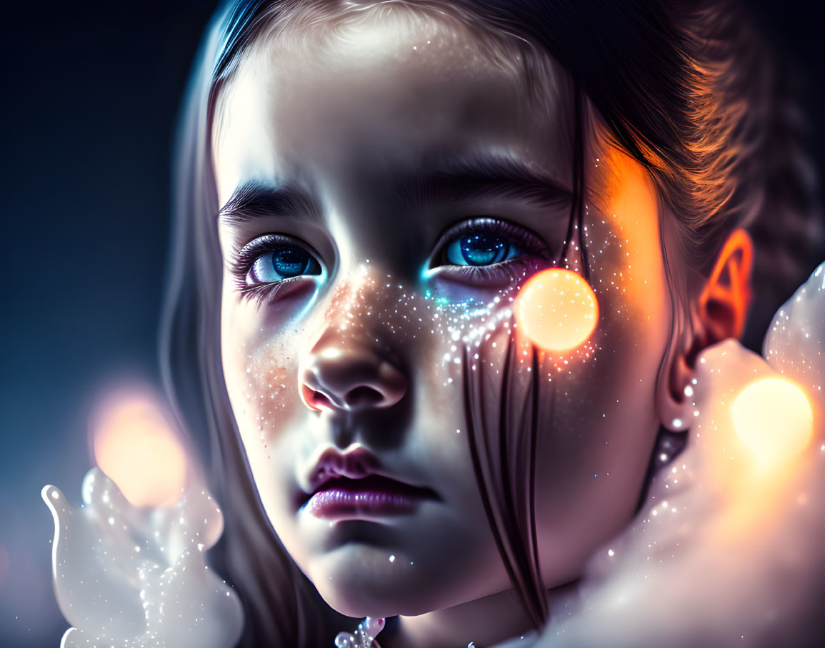 Digital Artwork: Young Girl with Sparkling Blue Eyes and Glowing Lights