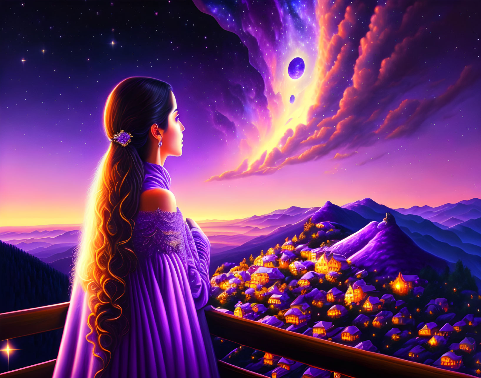 Woman with long hair admires vibrant night sky over mountain village