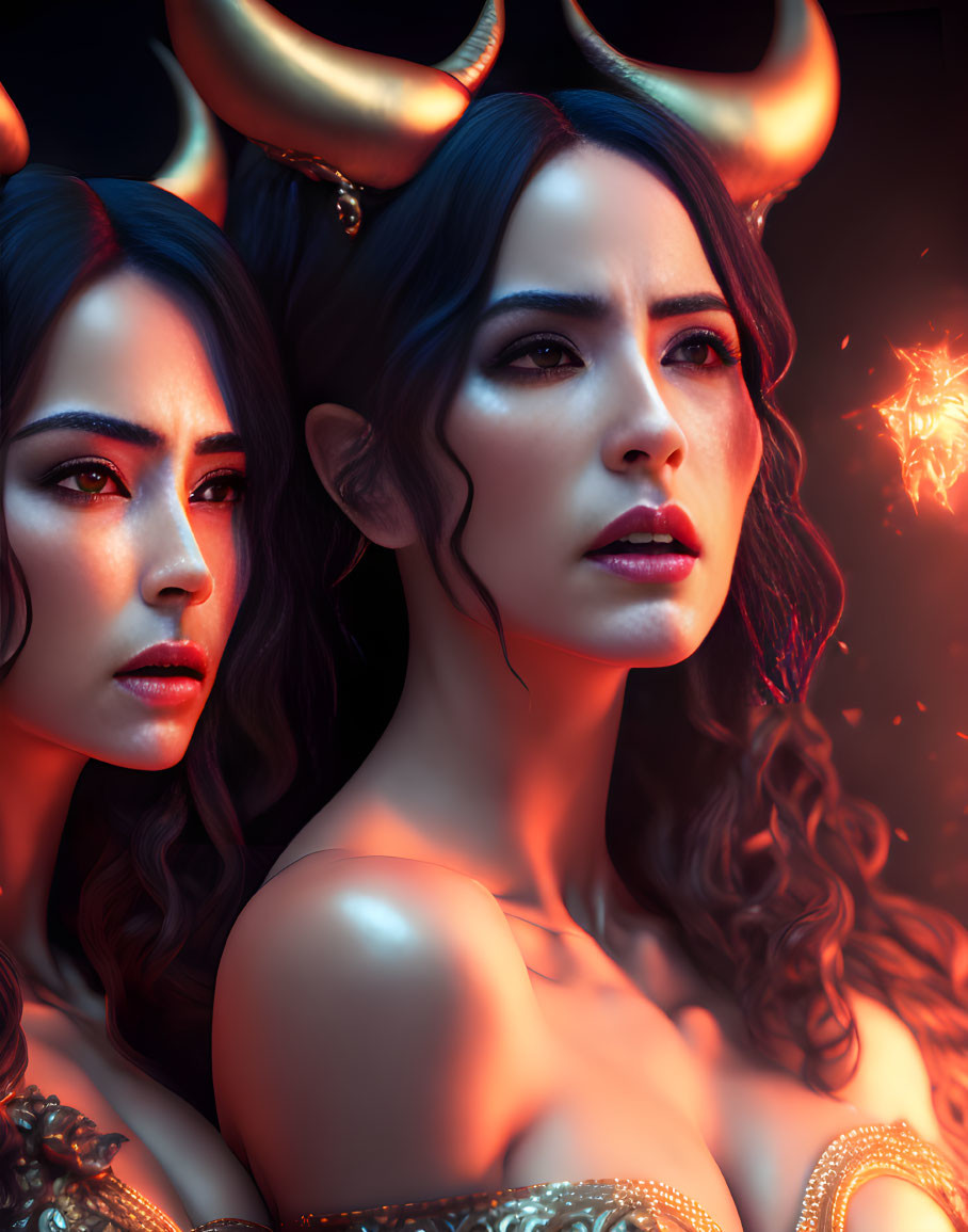 Fantasy-themed artwork of two horned women in fiery setting