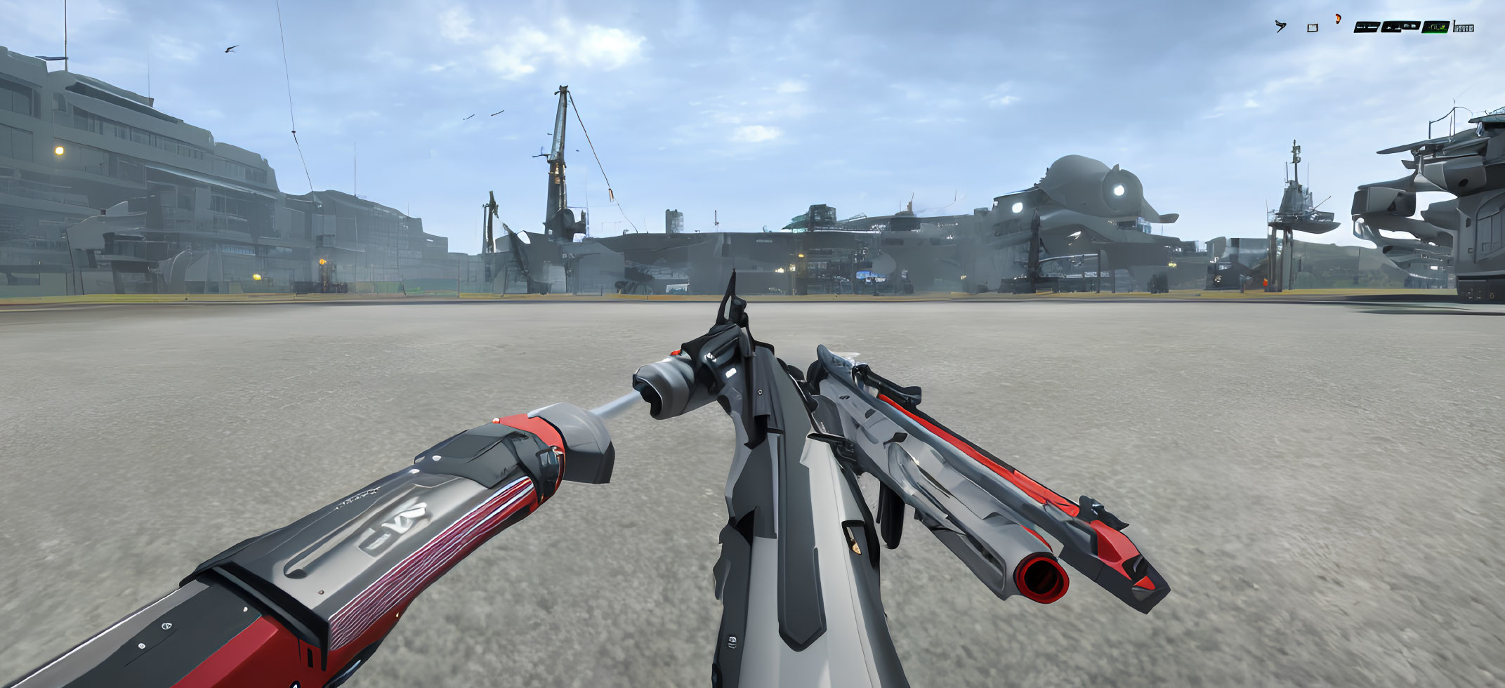 Virtual game environment featuring futuristic assault rifle in military base