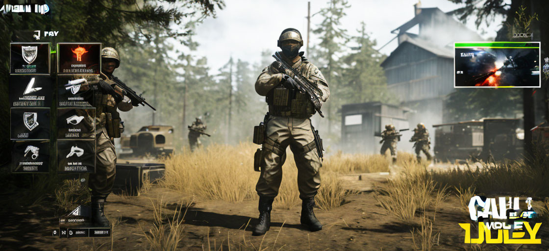 Military video game scene with soldiers, weapons, vehicle, and building in grassy area.