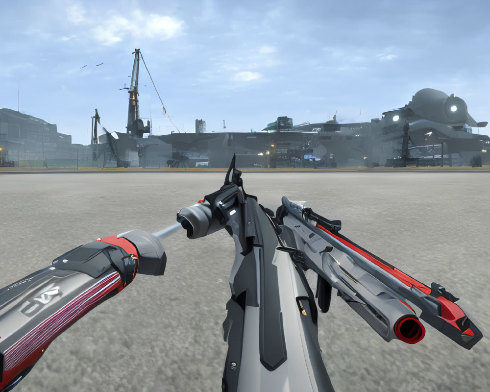 Virtual game environment featuring futuristic assault rifle in military base