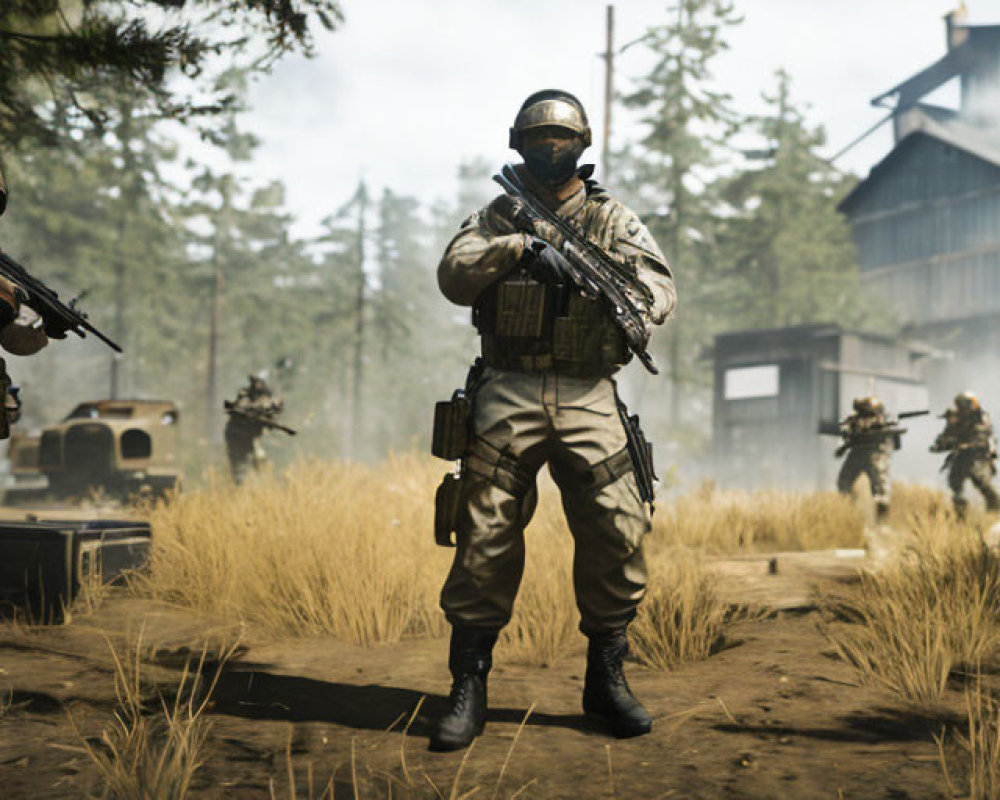 Military video game scene with soldiers, weapons, vehicle, and building in grassy area.