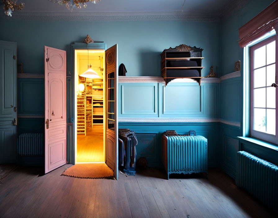 Vintage-Style Blue Room with Open Double Doors and Antique Furnishings