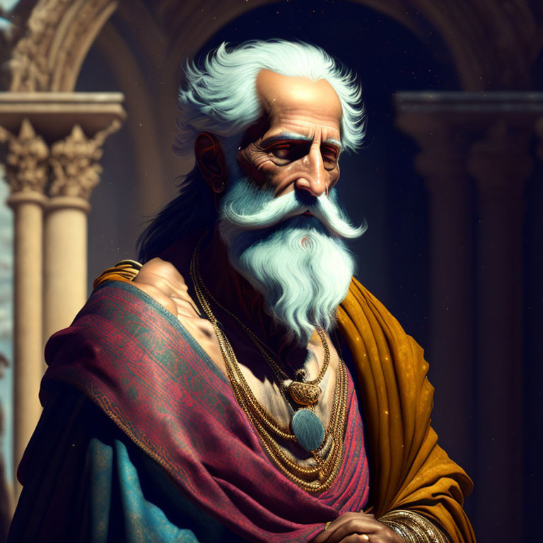 Elderly man with long white beard in yellow and red garment against classical columns