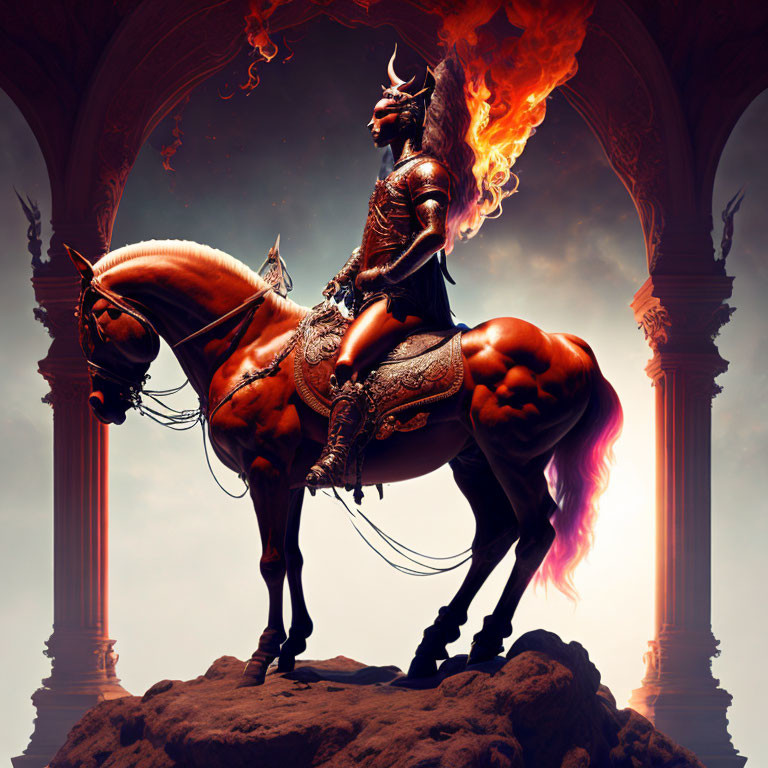 Warrior in ornate armor with fiery-maned horse among classical columns at dusk