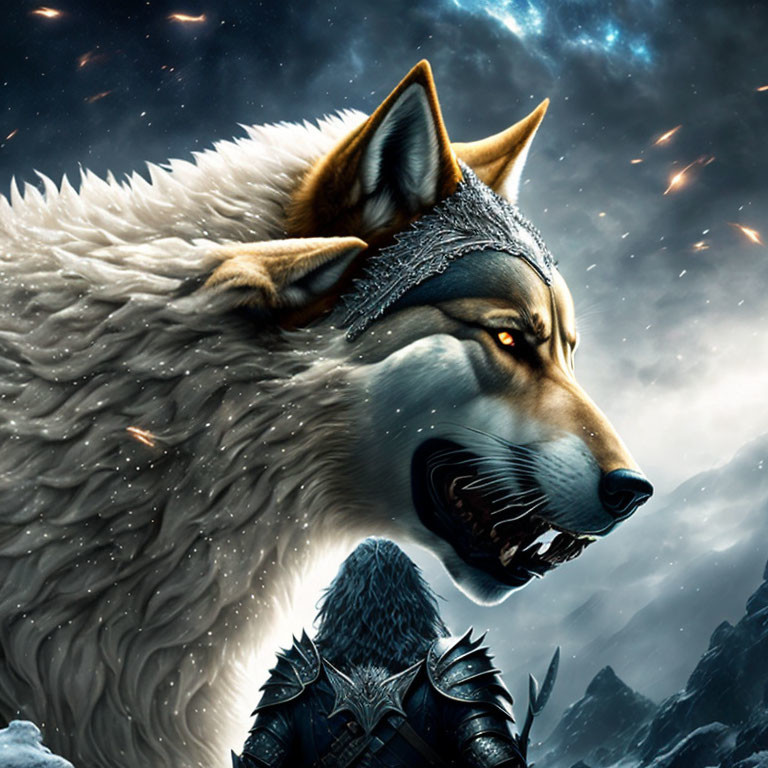 Large White Wolf with Crown and Cloaked Figure in Armor Under Starry Night Sky