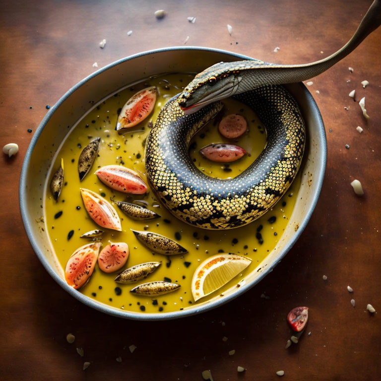 Curled Snake in Yellow Liquid with Fruit and Citrus Slice