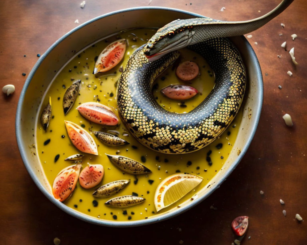 Curled Snake in Yellow Liquid with Fruit and Citrus Slice