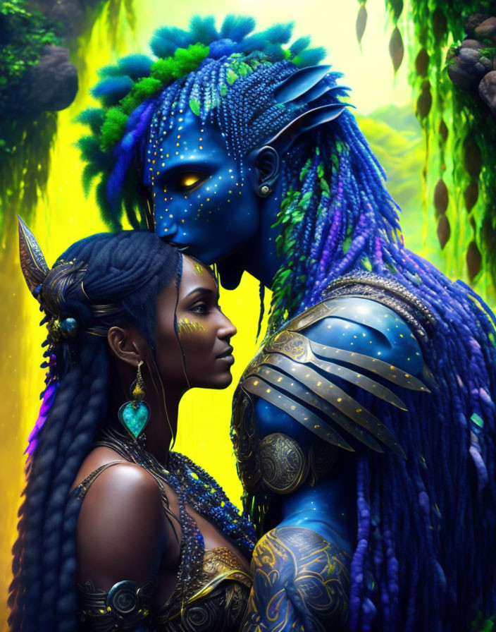 Blue-skinned characters with tribal adornments in intimate jungle setting